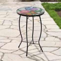 Northlight 19" Floral And Butterfly Glass Patio Side Table