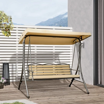 Outsunny 3-Seat Patio Swing Chair, Outdoor Canopy Swing Glider With Cushion, Adjustable Shade, And Slatted Design, For Porch, Garden, Poolside, Beige 3 Outsunny 3-Seat Patio Swing Chair, Outdoor Canopy Swing Glider With Cushion, Adjustable Shade, And Slatted Design, For Porch, Garden, Poolside, Beige
