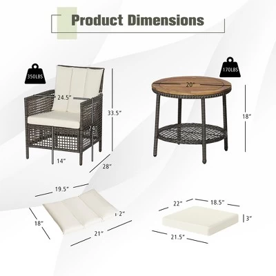 Costway Patiojoy 3PCS Patio Rattan Furniture Set Cushioned Sofas Wood Table Top W/Shelf 5 Costway Patiojoy 3PCS Patio Rattan Furniture Set Cushioned Sofas Wood Table Top W/Shelf - Image 3