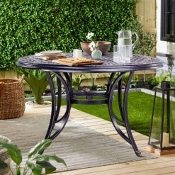 48" Round Aluminum Casting Patio Dining Table With Umbrella Hole - Black - WELLFOR -Outdoor Furniture Store GUEST 4f14b02f b42c 44c0 af76 5732fe6df3ae