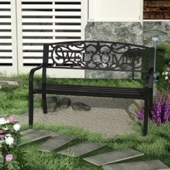 Outsunny 50" Outdoor Metal Welcome Bench, Powder Coated Cast Iron Sign & Steel Frame, 2 Person Bench With Antique Vine Motifs & Slatted Seat, Black
