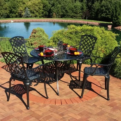 Sunnydaze Decor Sunnydaze Outdoor Crossweave Design Black Cast Aluminum Round Patio Dining Furniture Set With Table And Chairs, 5pc 3 Sunnydaze Decor Sunnydaze Outdoor Crossweave Design Black Cast Aluminum Round Patio Dining Furniture Set With Table And Chairs, 5pc