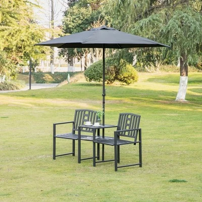Outsunny Metal Garden Bench With Middle Table And Umbrella Hole, 2-in-1 Double Patio Chairs, Outdoor 2-person Tete-a-Tete, Slatted, Black 10 Outsunny Metal Garden Bench With Middle Table And Umbrella Hole, 2-in-1 Double Patio Chairs, Outdoor 2-person Tete-a-Tete, Slatted, Black - Image 8