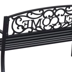 Outsunny 50" Outdoor Metal Welcome Bench, Powder Coated Cast Iron Sign & Steel Frame, 2 Person Bench With Antique Vine Motifs & Slatted Seat, Black -Outdoor Furniture Store GUEST 51e8788d e83e 4e4b a762 f886fb39d32e