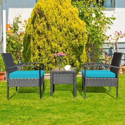 Tangkula 3 Pieces Patio Set Outdoor Wicker Rattan Furniture W/ Cushions Turquoise 3 Tangkula 3 Pieces Patio Set Outdoor Wicker Rattan Furniture W/ Cushions Turquoise