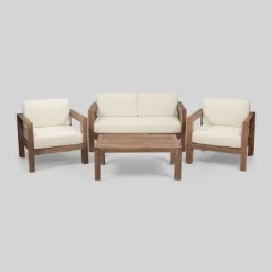 Genser 4pc Acacia Wood Chat Set - Brown/Beige - Christopher Knight Home