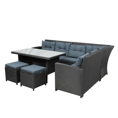 6pc Wicker Patio Conversation Set With Glass Table Ottomans & Cushions - Black/Dark Gray - GODEER 5 6pc Wicker Patio Conversation Set With Glass Table Ottomans & Cushions - Black/Dark Gray - GODEER - Image 3