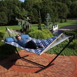 Sunnydaze Decor Sunnydaze Outdoor 2-Person Double Polyester Quilted Hammock With Wood Spreader Bar And 12ft Black Steel Stand -Outdoor Furniture Store GUEST 54b5f5ee bffa 4134 a3ab e5f8be954939