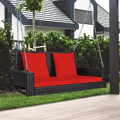 Tangkula Outdoor Wicker Porch Swing Bench 2-Person Patio Rattan Swing Chair W/ Soft Cushions White/Turquoise/Red/Black 3 Tangkula Outdoor Wicker Porch Swing Bench 2-Person Patio Rattan Swing Chair W/ Soft Cushions White/Turquoise/Red/Black