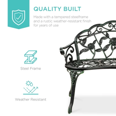Best Choice Products Outdoor Bench Steel Garden Patio Porch Furniture W/ Floral Accent, Antique Finish 4 Best Choice Products Outdoor Bench Steel Garden Patio Porch Furniture W/ Floral Accent, Antique Finish - Image 2