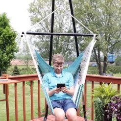 Sunnydaze Decor Sunnydaze Polyester Rope Hanging Caribbean-Style Hammock Chair Swing For Patio, Porch, Or Yard - Lagoon Stripes -Outdoor Furniture Store GUEST 56f5c225 b1e6 4693 89dd 409c3c4822f9