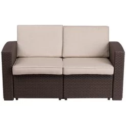 Flash Furniture Chocolate Brown Faux Rattan Loveseat With All-Weather Beige Cushions -Outdoor Furniture Store GUEST 571f2fc5 9b33 4c14 b3d1 9c981a154695 1