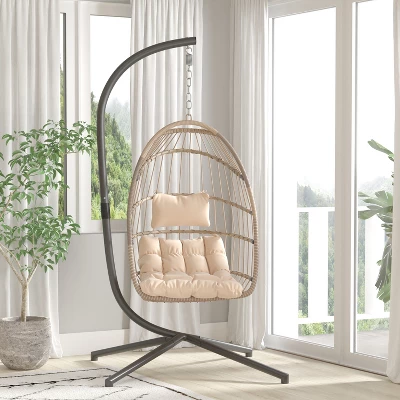 Merrick Lane Riley Foldable Woven Hanging Egg Chair With Removable Cushion And Stand For Indoor And Outdoor Use 9 Merrick Lane Riley Foldable Woven Hanging Egg Chair With Removable Cushion And Stand For Indoor And Outdoor Use - Image 7
