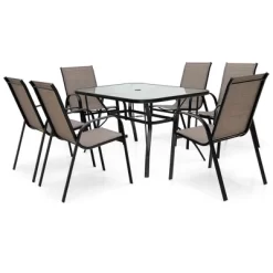 Costway 7PCS Patio Dining Set 6 Stackable Chairs Glass Table Umbrella Hole Yard -Outdoor Furniture Store GUEST 5899d792 50ac 4da9 8171 c7567b14a36b