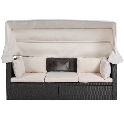 4pc Outdoor Wicker Rectangle Daybed With Canopy & Cushions - Beige - GODEER 5 4pc Outdoor Wicker Rectangle Daybed With Canopy & Cushions - Beige - GODEER - Image 3