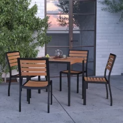 Merrick Lane 5 Piece Patio Table And Chairs Set Faux Teak Wood And Metal Indoor/Outdoor Table And Chairs With All-Weather Purpose