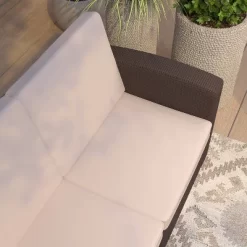 Merrick Lane Outdoor Furniture Resin Sofa Chocolate Brown Faux Rattan Wicker Pattern Patio 3-Seat Sofa With All-Weather Beige Cushions -Outdoor Furniture Store GUEST 5b573cb1 804a 4d88 86d1 e6829f56b906