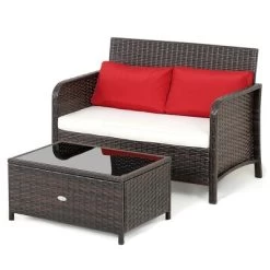 Costway 2PCS Patio Rattan Wicker Love-seat Coffee Table Set Cushioned Bench Garden Deck -Outdoor Furniture Store GUEST 5c7dfadb ff56 409d 813e e30b3789bec4