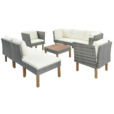 9pc Wicker & Acacia Wood Patio Conversation Set With Cushions - Beige - GODEER 7 9pc Wicker & Acacia Wood Patio Conversation Set With Cushions - Beige - GODEER - Image 5