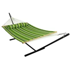 Sunnydaze Decor Sunnydaze Outdoor 2-Person Double Polyester Quilted Hammock With Wood Spreader Bar And 12ft Black Steel Stand -Outdoor Furniture Store GUEST 5f20b64b ed5c 48f6 99e4 98a972d14170