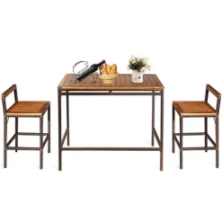 Costway 3 PCS Patio Rattan Wicker Bar Wood Table Chair Outdoor