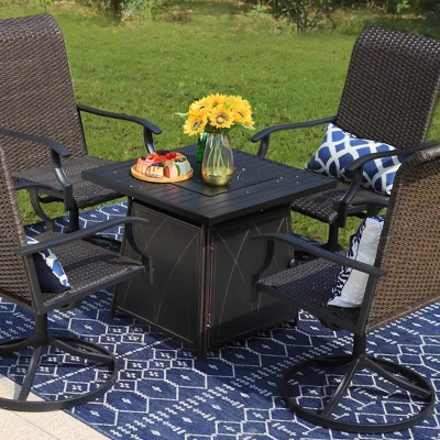 5pc Patio Dining Set With Square Steel Fire Pit With Faux Wood Tabletop & Rattan 360 Swivel Chairs - Captiva Designs 4 5pc Patio Dining Set With Square Steel Fire Pit With Faux Wood Tabletop & Rattan 360 Swivel Chairs - Captiva Designs - Image 2