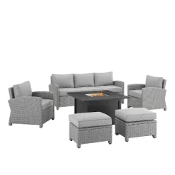 Bradenton 6pc Outdoor Wicker Sofa And Arm Chair Seating Set With Dante Fire Table And 2 Ottomans - Gray/Gray - Crosley -Outdoor Furniture Store GUEST 62e14a2e 25be 4b80 b15a a0736939627b