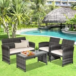 Costway 4PCS Patio Rattan Furniture Set Conversation Glass Table Top Cushioned TurquoiseRed -Outdoor Furniture Store GUEST 6329eb2f d216 4a8d 9921 f2b5036494d4