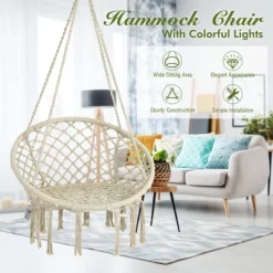 Tangkula Hammock Chair Macrame Swing, Patio Hanging Hammock Chair W/ LED Lights, Hanging Cotton Rope Hammock Swing Chair -Outdoor Furniture Store GUEST 633d6d8a 563d 493c 9e4c b3506bc6977c