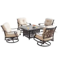 5pc Set With 42" Square Outdoor Aluminum Fire Table & Four Swivel Rocking Chairs & Wind Block - Oakland Living