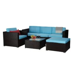 6pc Outdoor Rattan Wicker Set With Sofas, Chairs, Coffee Table & Ottoman - Brown/Blue - GODEER 17 6pc Outdoor Rattan Wicker Set With Sofas, Chairs, Coffee Table & Ottoman - Brown/Blue - GODEER -Outdoor Furniture Store GUEST 647c37e6 8f92 423f bc30 68c770999d07