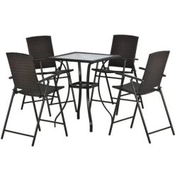 5-Piece Patio Rattan Dining Table Set , Counter Height PE Wicker Dining Table Set With Umbrella Hole And 4 Foldable Chairs, Brown-ModernLuxe -Outdoor Furniture Store GUEST 64bcf024 08db 4633 ac07 6b8a010a9b63