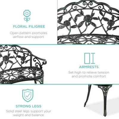 Best Choice Products Outdoor Bench Steel Garden Patio Porch Furniture W/ Floral Accent, Antique Finish 6 Best Choice Products Outdoor Bench Steel Garden Patio Porch Furniture W/ Floral Accent, Antique Finish - Image 4