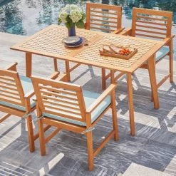 Waimea 5pc Honey Slatted Eucalyptus Wood Patio Dining Set With Cushions - Vifah -Outdoor Furniture Store GUEST 66100a19 aa8e 4782 b072 6a5b94794975