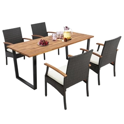 Costway 5 PCS Patio Rattan Dining Set Acacia Wood Table 4 Wicker Chairs With Umbrella Hole 4 Costway 5 PCS Patio Rattan Dining Set Acacia Wood Table 4 Wicker Chairs With Umbrella Hole - Image 2