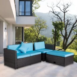 4pc Wicker Patio Sectional Seating Set With Cushions - Brown/Blue - GODEER -Outdoor Furniture Store GUEST 68074cac 9167 48fa 8f49 16e1bc4b10f7
