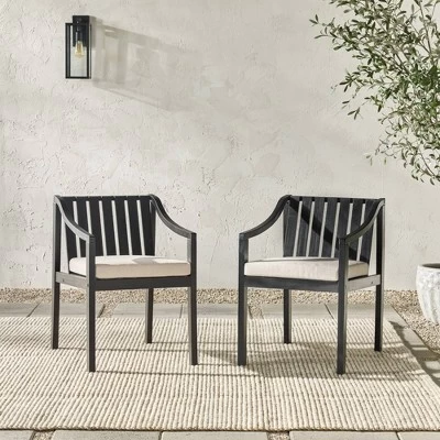 Saracina Home 2pk Mid-Century Modern Slatted Outdoor Acacia Arm Chairs With Cushions 4 Saracina Home 2pk Mid-Century Modern Slatted Outdoor Acacia Arm Chairs With Cushions - Image 2