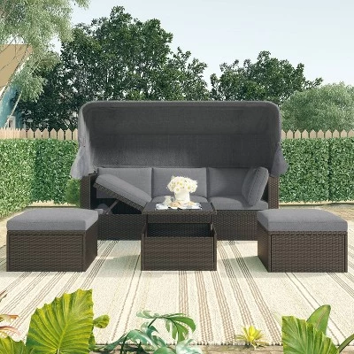 4pc Outdoor Wicker Rectangle Daybed With Canopy & Cushions - Gray - GODEER 3 4pc Outdoor Wicker Rectangle Daybed With Canopy & Cushions - Gray - GODEER