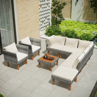 9pc Wicker & Acacia Wood Patio Conversation Set With Cushions - Beige - GODEER 5 9pc Wicker & Acacia Wood Patio Conversation Set With Cushions - Beige - GODEER - Image 3