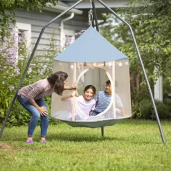 HearthSong HugglePod Panorama Mesh HangOut Indoor And Outdoor Hanging Tent With LED Lights And Family HangOut Stand