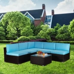 6pc Outdoor Rattan Wicker Conversation Set With Cushions - Brown/Blue - GODEER -Outdoor Furniture Store GUEST 6d2c9e86 14d0 47a1 9852 08267548d7f3