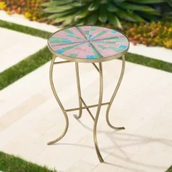Teal Island Designs Modern Gold Round Outdoor Accent Side Table 14 1/4" Wide Pink Green Mosaic Tabletop For Front Porch Patio House Balcony