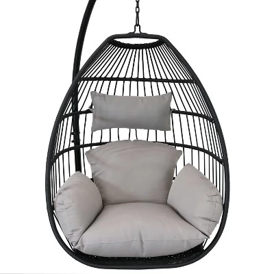 Sunnydaze Decor Sunnydaze Outdoor Resin Wicker Patio Delaney Hanging Basket Egg Chair With Cushions, Headrest, And Steel Stand Set - Gray - 3pc 6 Sunnydaze Decor Sunnydaze Outdoor Resin Wicker Patio Delaney Hanging Basket Egg Chair With Cushions, Headrest, And Steel Stand Set - Gray - 3pc - Image 4