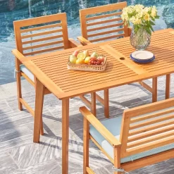 Waimea 4pc Honey Slatted Eucalyptus Wood Patio Dining Set With Bench & Cushions - Vifah -Outdoor Furniture Store GUEST 71678a78 cf5a 47be 9b19 2dfaa7effed7