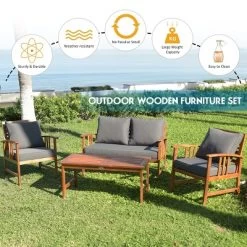 Costway 4PCS Wooden Patio Furniture Set Table Sofa Chair Cushioned Garden NEW -Outdoor Furniture Store GUEST 71cfc0b7 4a99 4530 8454 f2917b3fb1c1