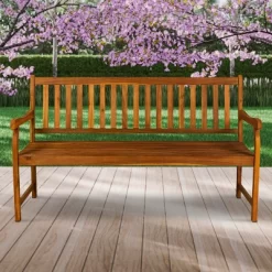 Laurel 3-Seat Slat-Back Acacia Wood Outdoor Garden Patio Bench - JONATHAN Y