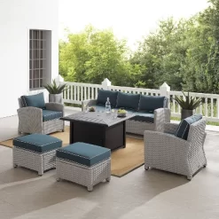 Bradenton 6pc Outdoor Wicker Sofa And Arm Chair Seating Set With Dante Fire Table And 2 Ottomans - Navy/Gray - Crosley -Outdoor Furniture Store GUEST 72fad8e6 13a4 4cea 8f3a 32c7f82a738d