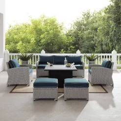 Bradenton 6pc Outdoor Wicker Sofa And Arm Chair Seating Set With Dante Fire Table And 2 Ottomans - Navy/Gray - Crosley -Outdoor Furniture Store GUEST 731ca293 697c 4564 8769 864dcd17bc5f