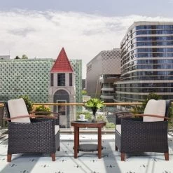 Costway 3PCS Patio Wicker Sofa Set Acacia Wood Frame With Beige &Turquoise Cushion Covers -Outdoor Furniture Store GUEST 73a78c93 5998 4149 bca5 2b09d53620ac