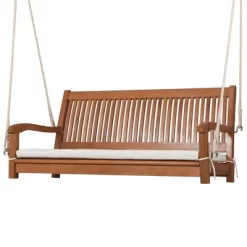 Costway 2-Person Hanging Porch Swing Wood Bench With Cushion Curved Back Outdoor Natural -Outdoor Furniture Store GUEST 73cacfc2 1c4b 4daf ae1c cb6348d820ad